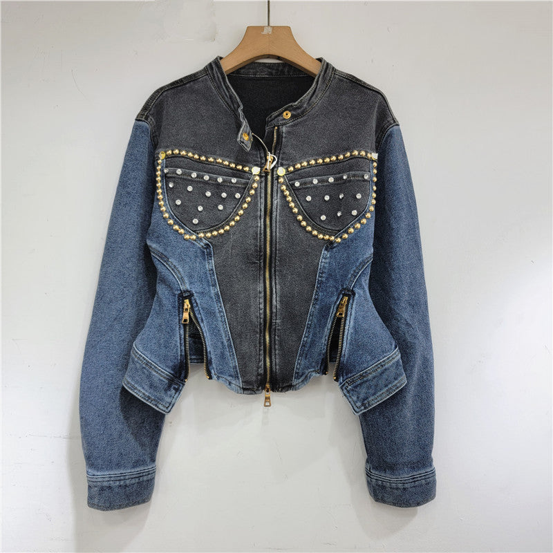 Pre Order:  Diamond Embedded Bead Long Sleeve Elastic Denim Slim Jacket