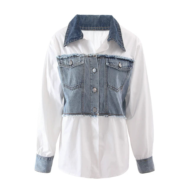 Pre Order:  Denim Patchwork White Long Sleeve Collar Shirt