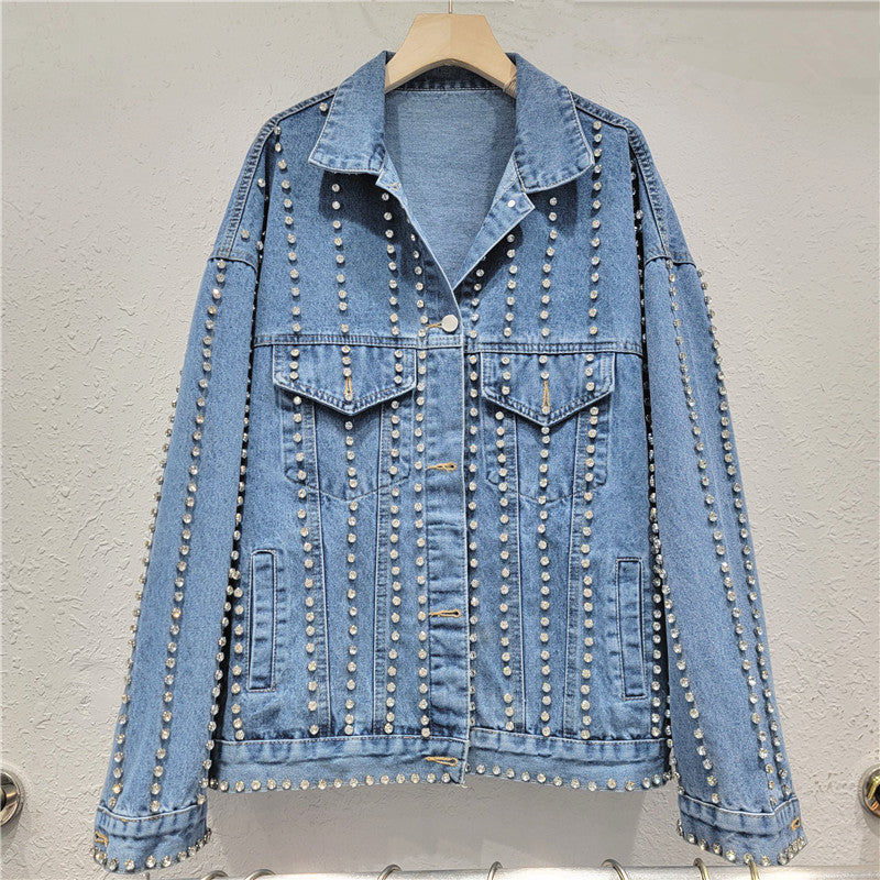 Full Body Nail Drill Lapel Loose Denim Jacket