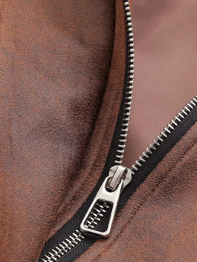 Pre Order:  Brown Turn-Down Collar Faux Leather Jacket