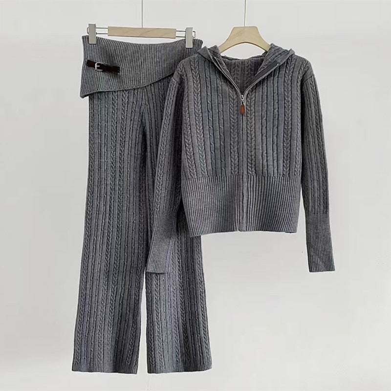 Pre Order: Hooded Knit Zip Up Cardigan + Knit Pants Set