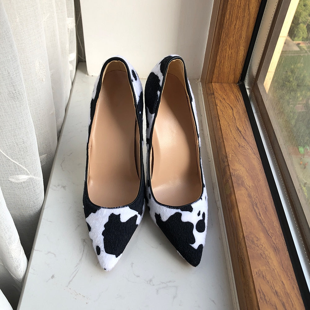 Pre Order:  White Flock Pointed-Toe Cow Printed Shoes