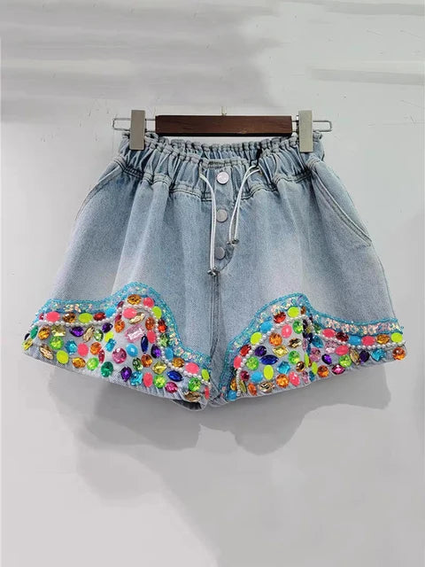 Pre Order:  Colorful Diamond High Waist Wide Leg Denim Shorts