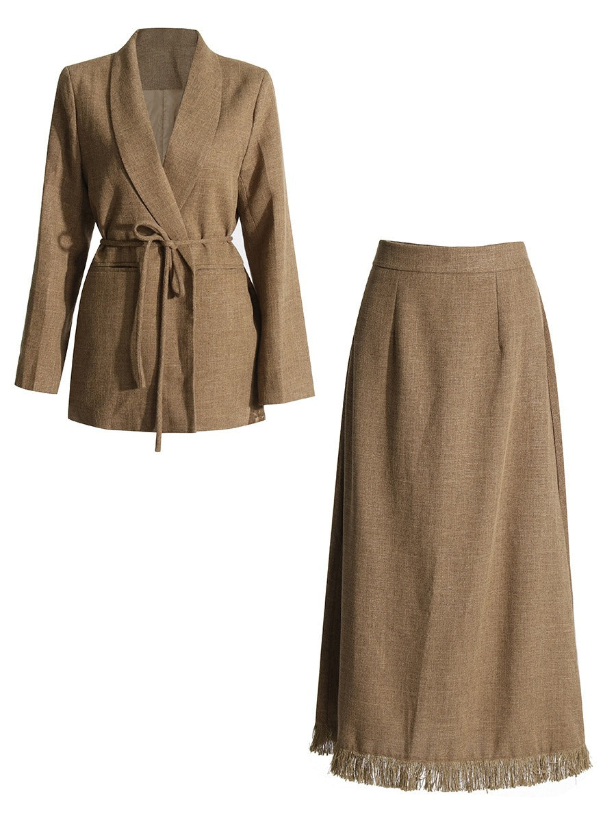 Pre Order:  Solid Waist Suit Jacket + Tassel Skirt