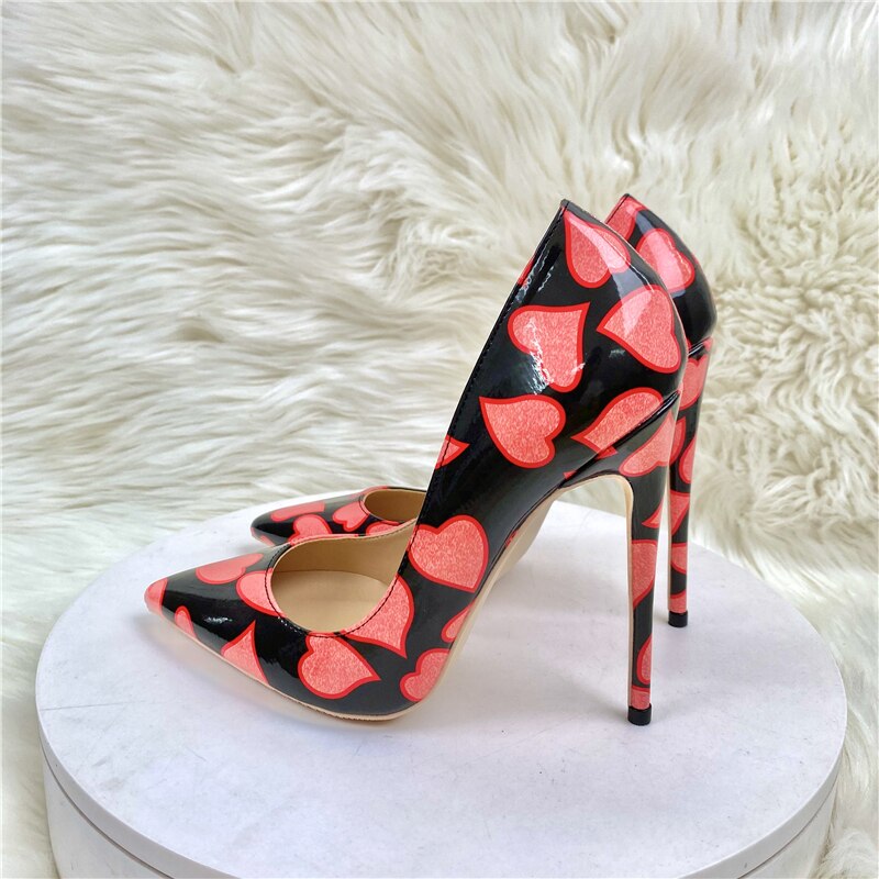 Pre Order:  Red Patent Heart Printed Pointed-Toe Shoes