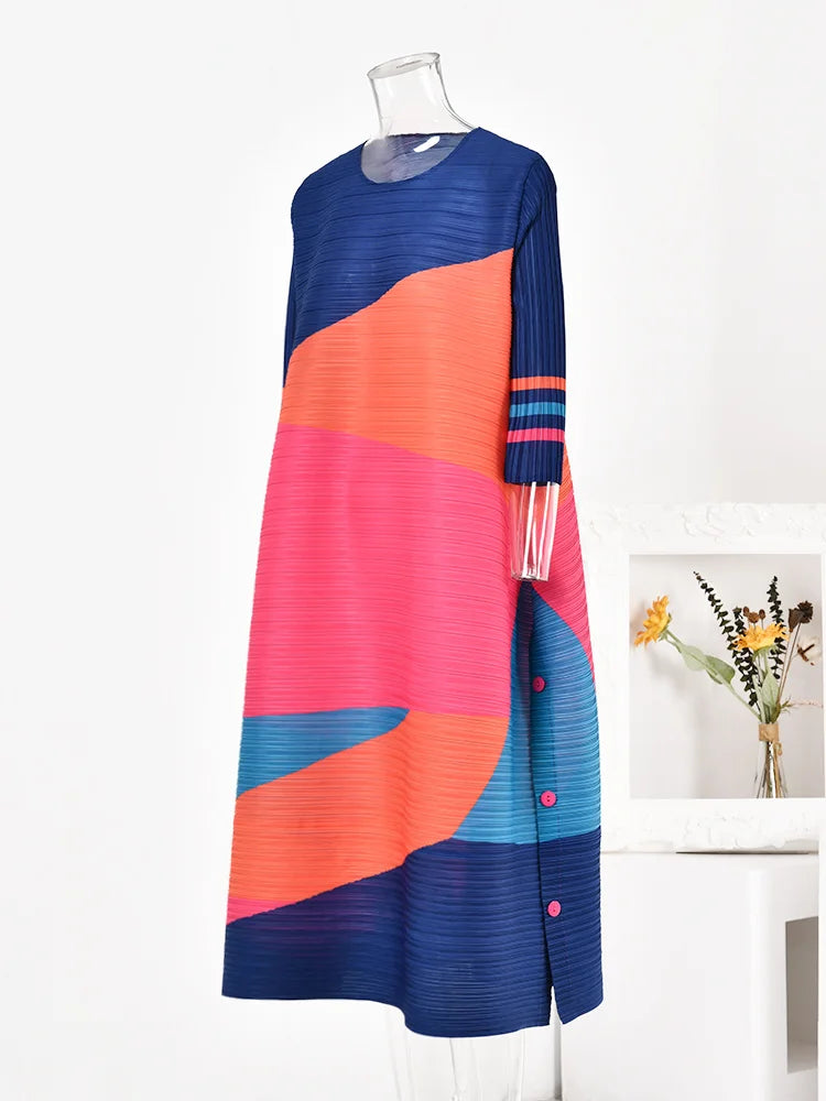 Pre Order:  O-Neck Colorblock Printed Pleated Dress