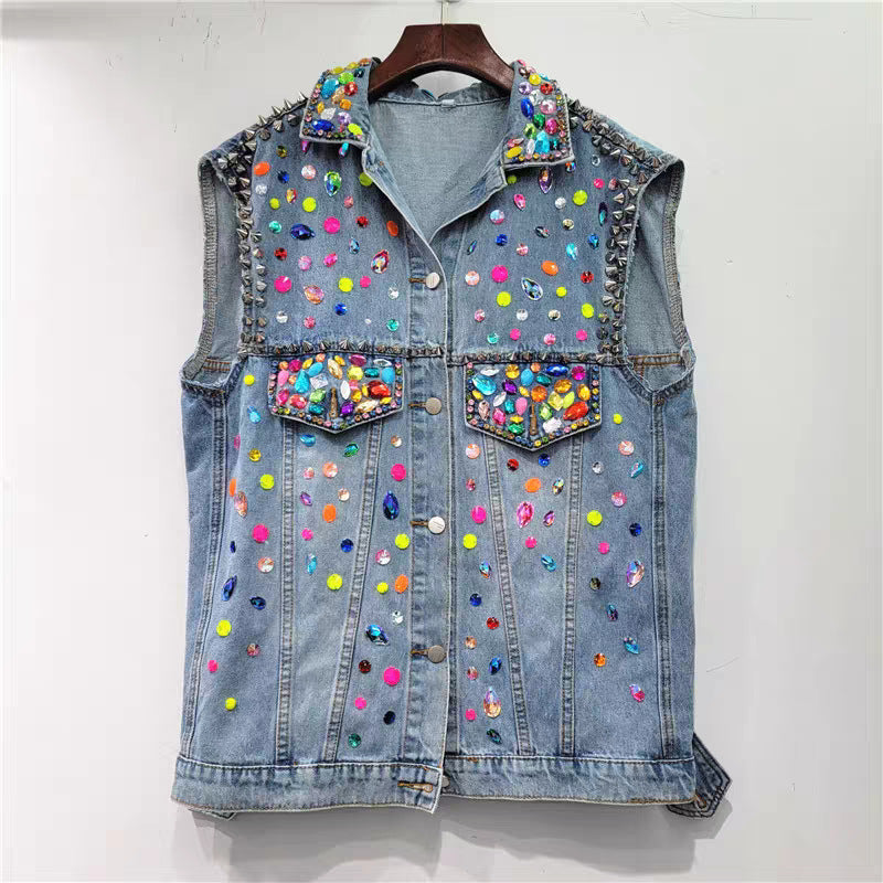 Handmade Nail Beads Diamond Loose Denim Vest