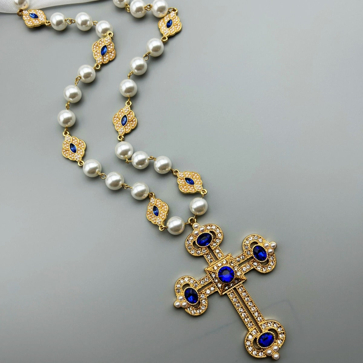 Pre Order:  Retro Diamond Inlaid Cross Pendant Pearl Necklace