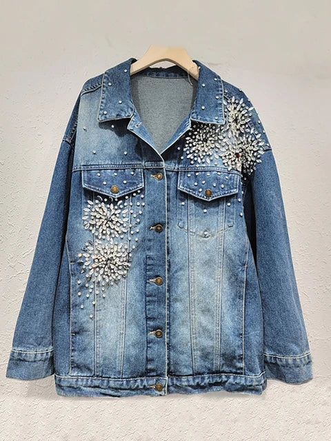 Pre Order:  Flower Diamond Embroidered Washed Denim Jacket