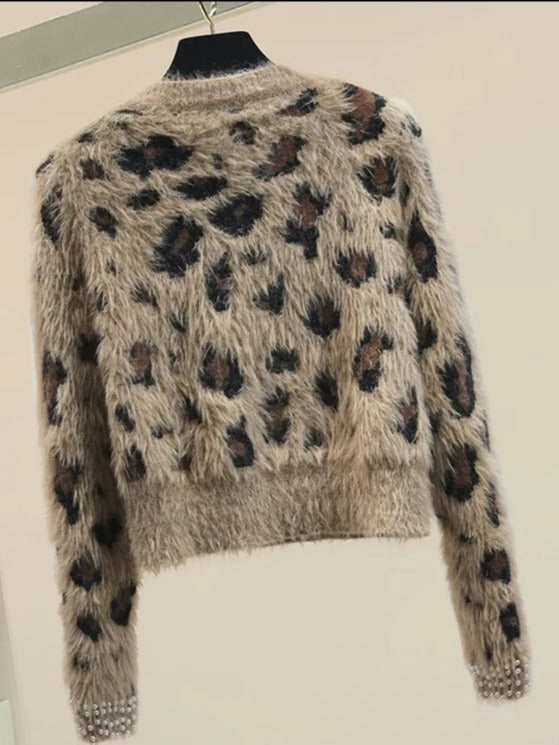 Pre Order:  Leopard Pearls Rhinestones Knit Sweater