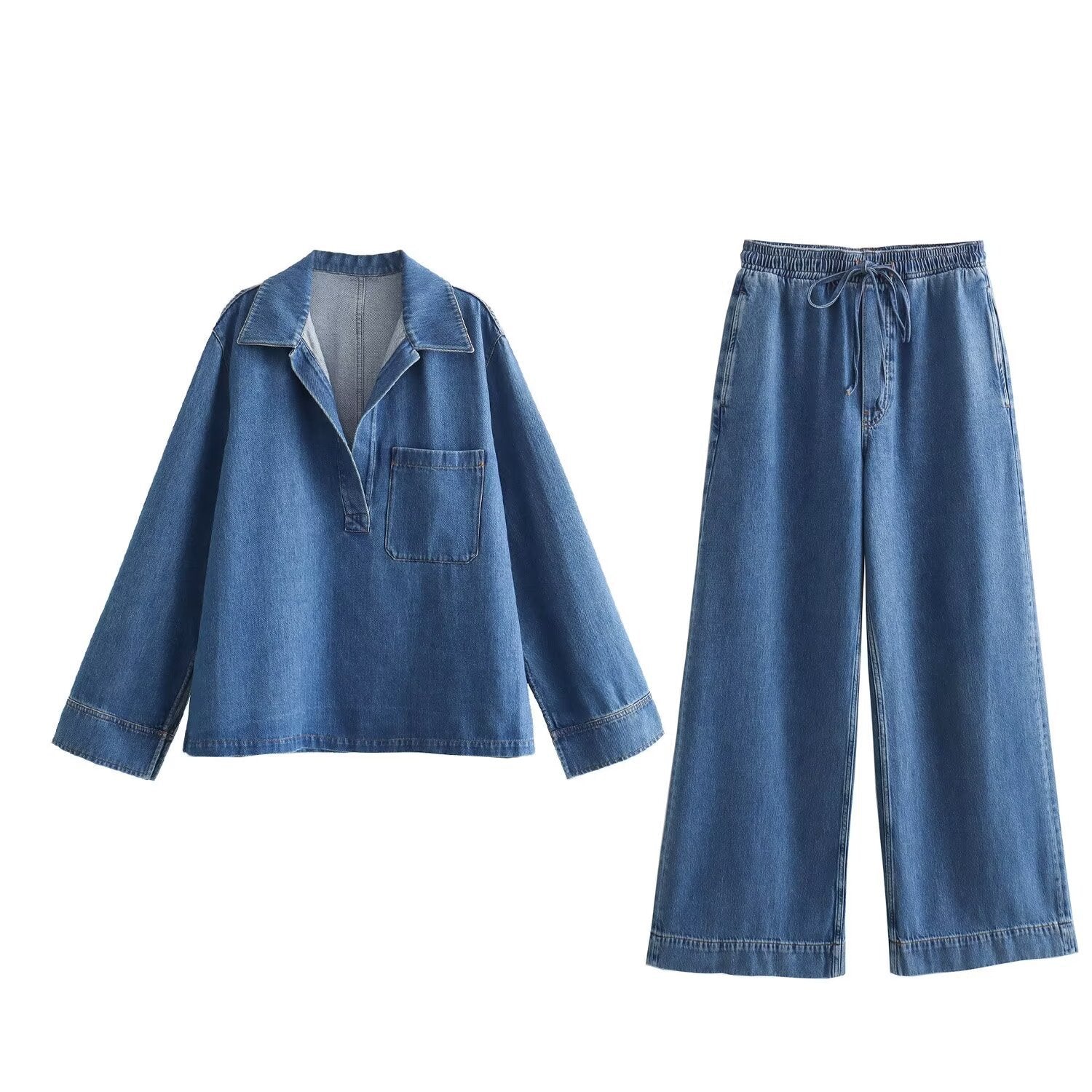 Retro Solid Lapel Long Sleeve Denim Shirt + Wide Leg Denim Pants