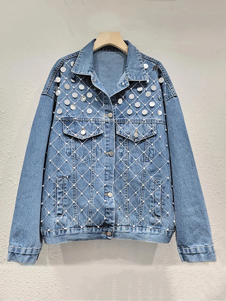 Pre Order:  Sequins Pearls Plaid Rhinestone Denim Jacket