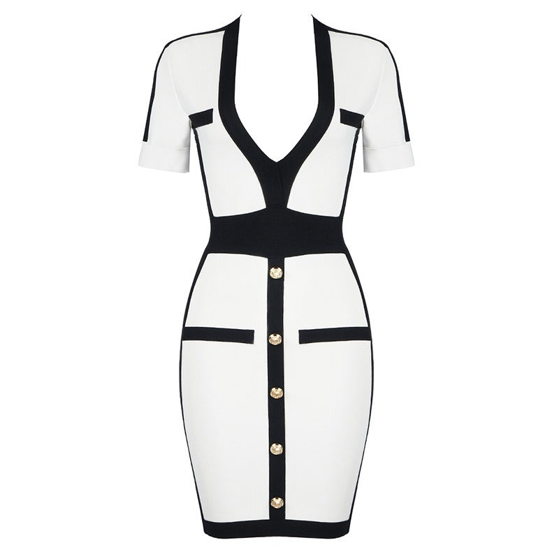 V-Neck Patchwork One Line Button Bodycon Dress