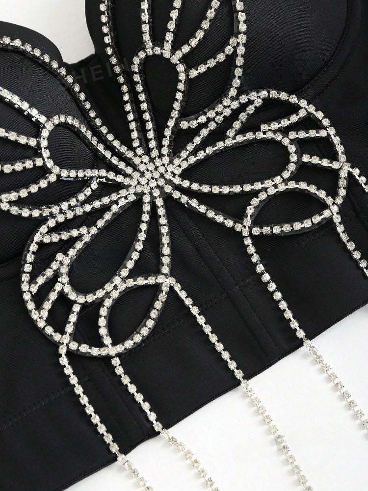 Pre Order:  3D Butterfly Rhinestone Hand Beaded Tassel Camisole