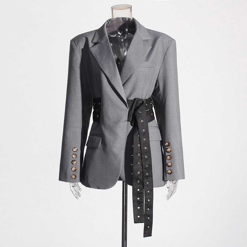 Pre Order:  Spliced Double Lace-Up Belt V-Neck Blazer Jacket