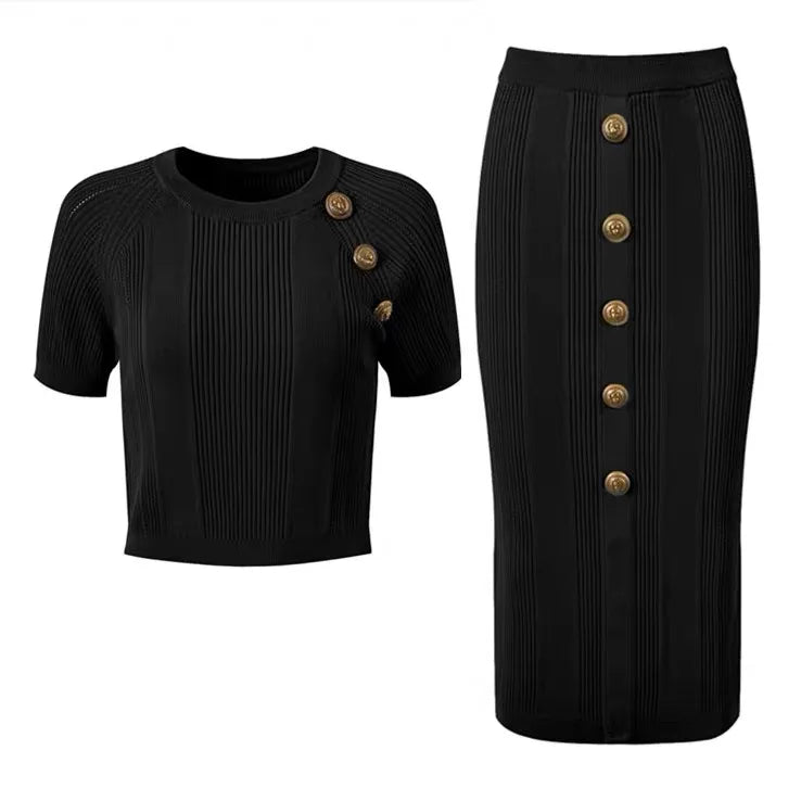 Pre Order:  Gold Button Short Sleeve Knit Top + Pencil Skirt