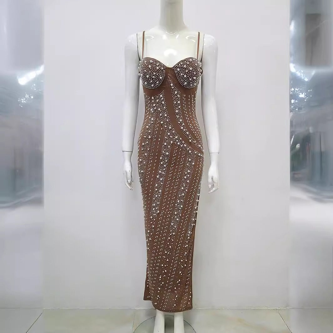 Pre Order:  Water Diamond Nail Beads Bodycon Maxi Dress