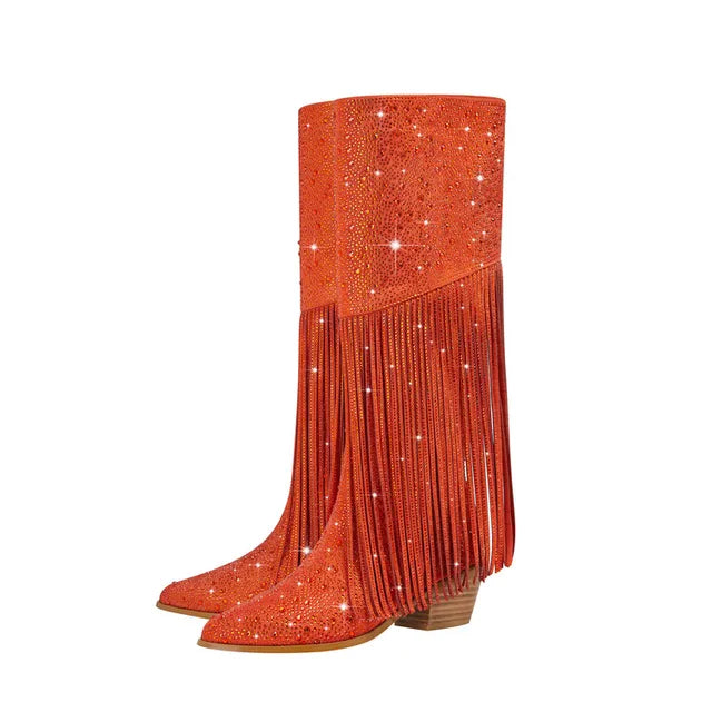 Tassel Rhinestone Chunky Heel Knee Long Boots