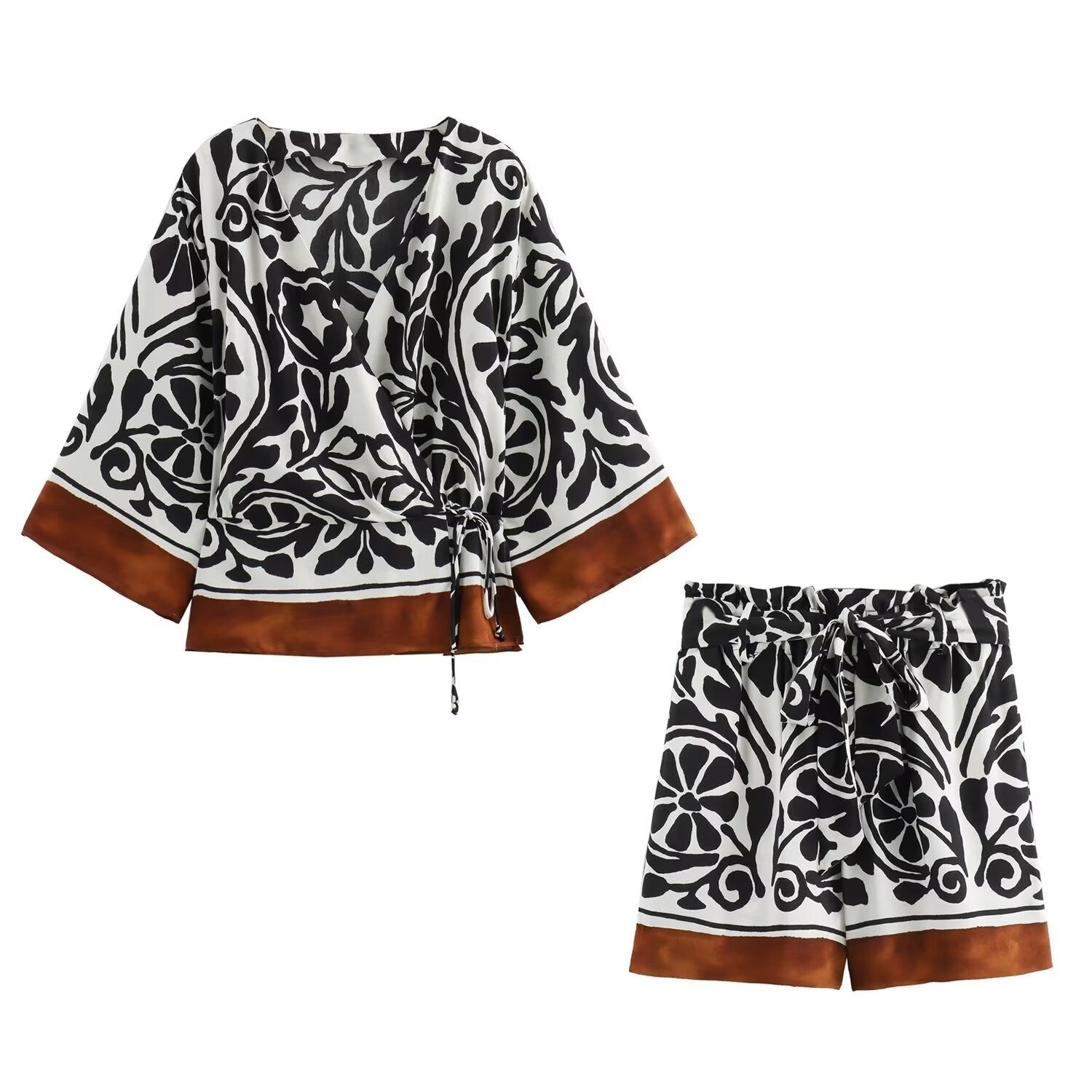 Pre Order:  Casual V-neck Lace-Up Printed Top + Shorts