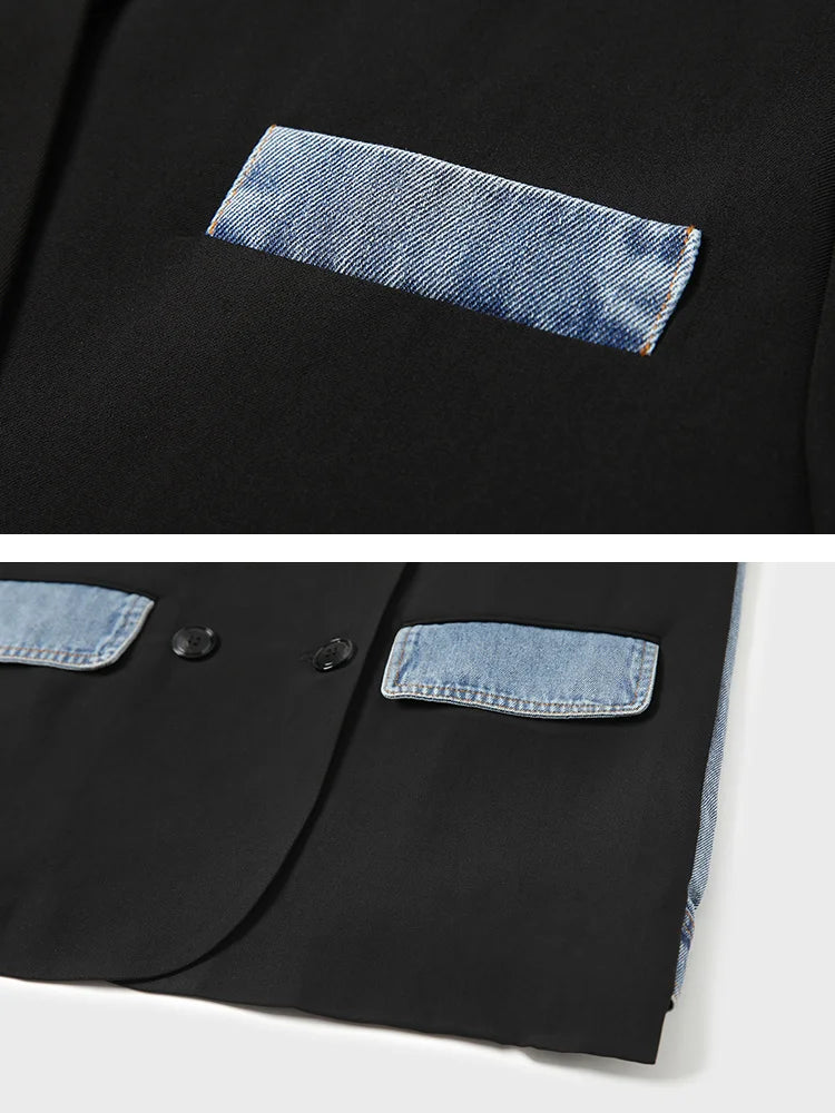 Pre Order:  Denim Spliced Notched Collar Jacket