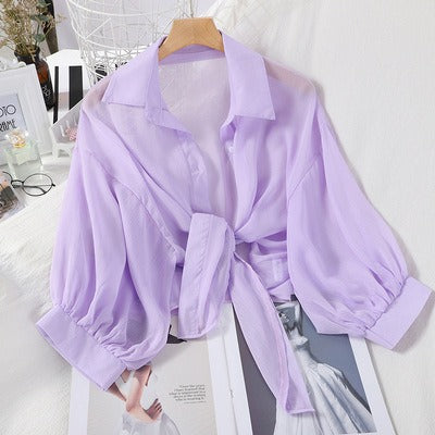 Pre Order:  Casual Chiffon Waist Tie Shirt