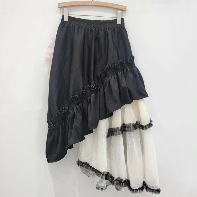 Pre Order:  Mesh Patchwork High Elastic Waist Flowers A-Line Skirt