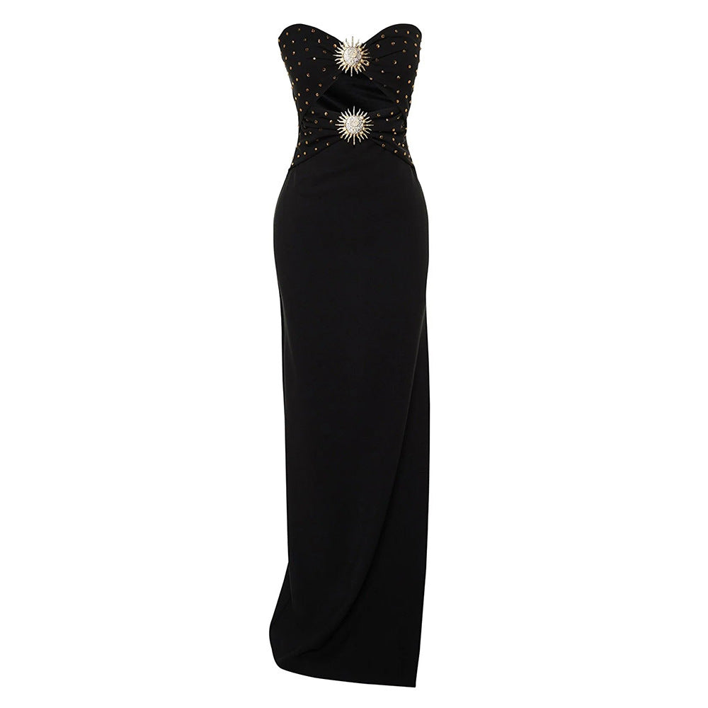 Pre Order:  Black Rhinestone Backless Bandage Long Dress