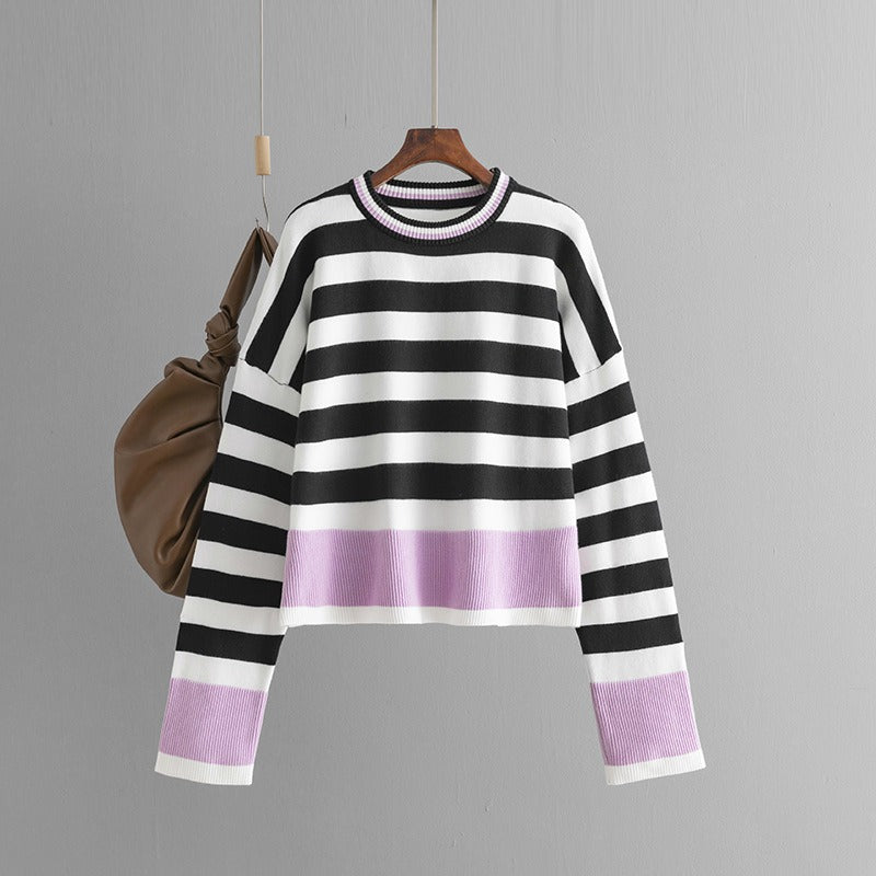 Pre Order:  Casual Striped Long Sleeved Round Neck Knitted Sweater