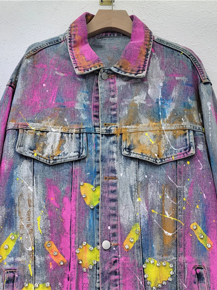 Pre Order:  Colorful Heart Shaped Graffiti Hand Drawn Denim Jacket