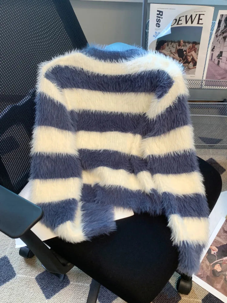 Pre Order:  Knitted Faux-Fur Stripe Cardigan Sweater