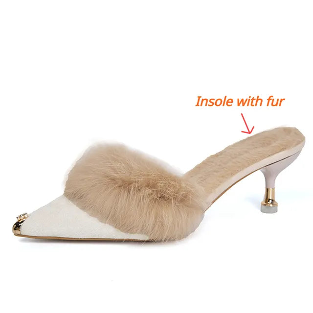 Pre Order:  Metal Tip Faux Fur Mules