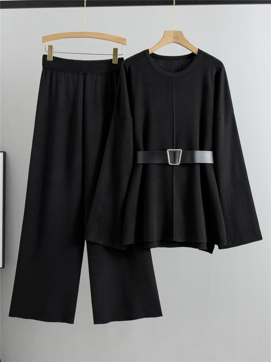 Pre Order: Knitted Loose Belted Sweater + Wide Leg Pants Set