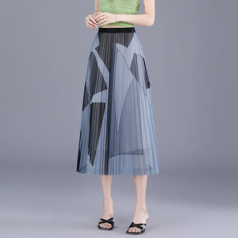 Pre Order:  Elegant Printed Pleated Mesh Skirt