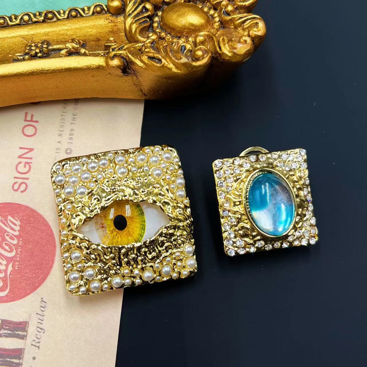 Pre Order:  Golden Eye Mismatched Square Earrings