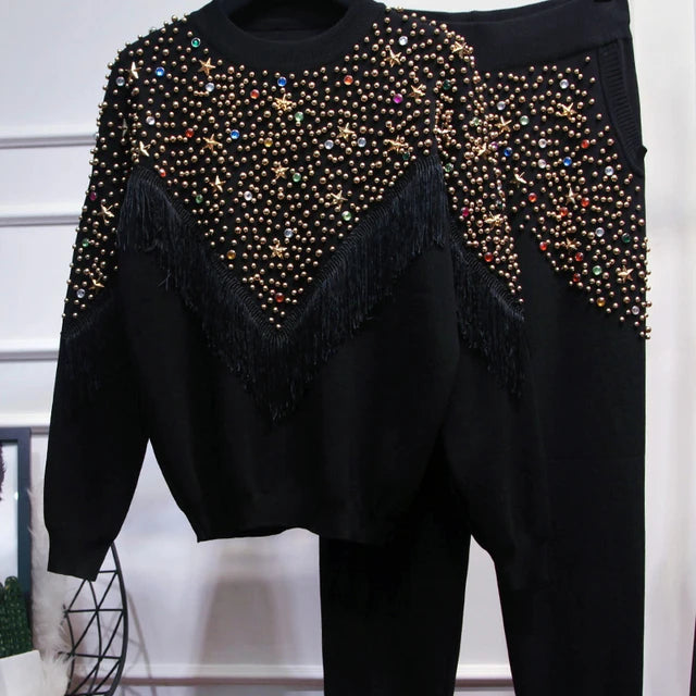 Pre Order:  Rhinestones Pearl Beaded Knit Sweater + Wide Leg Pants