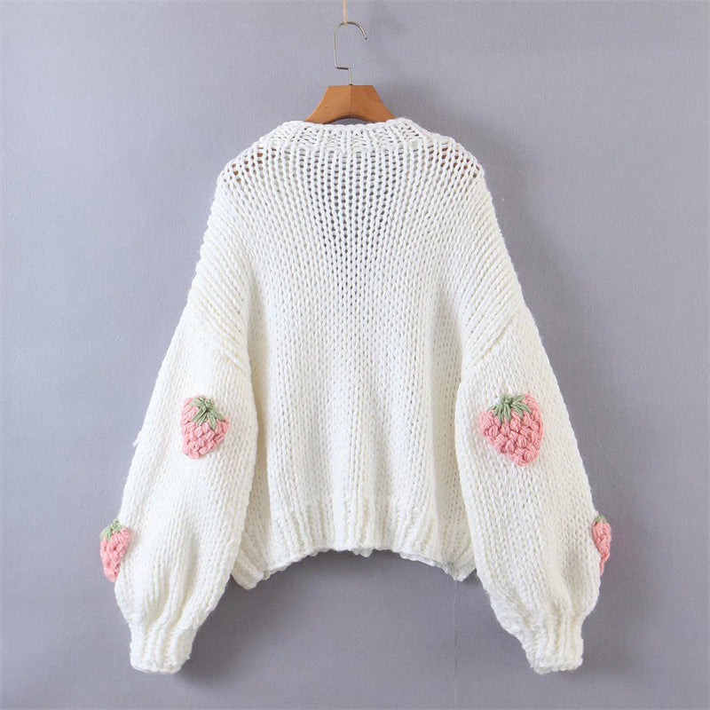 Pre Order:  V-Neck Lantern Sleeve Strawberry Coarse Knitted Cardigan