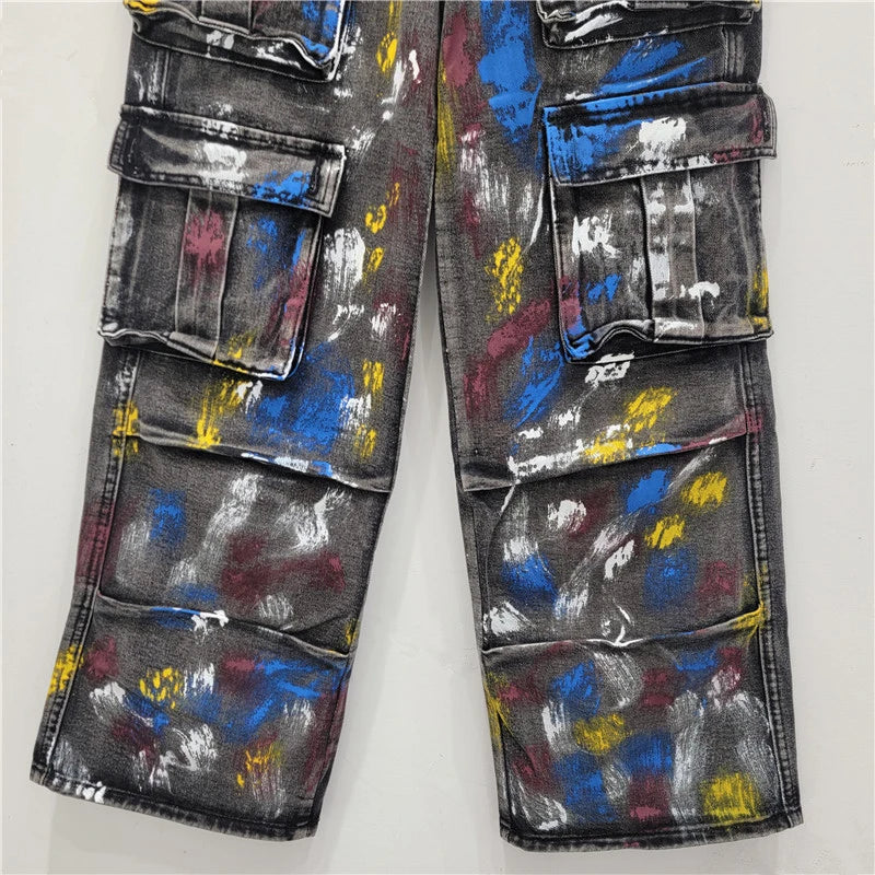 Pre Order:  Spray Painted Graffiti Multi Pocket Cargo Jeans