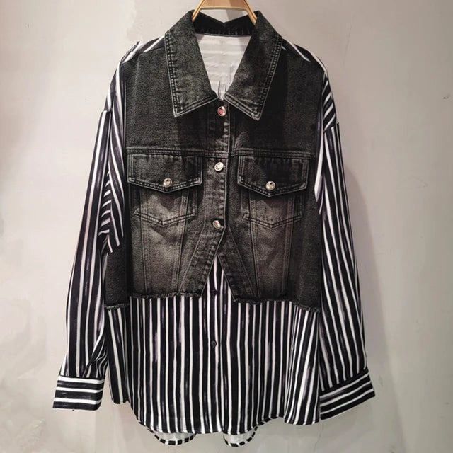 Pre Order: Long Sleeve Striped Spliced Loose Casual Shirt