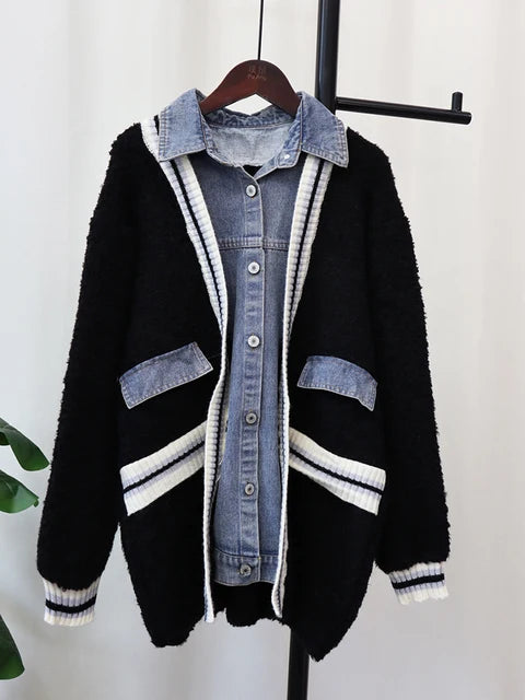 Pre Order:  Denim Contrast Color Block Cardigan