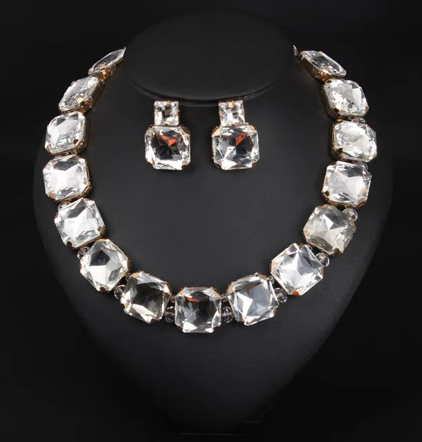 Pre Order:  Square Crystals Necklace-Earrings Set