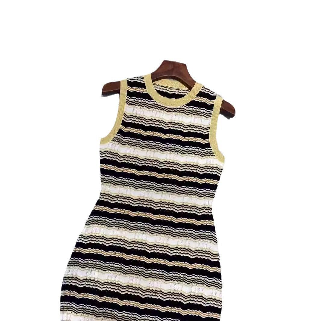 Pre Order:  Sleeveless Striped Waist Cinching Jacquard Knitted Dress