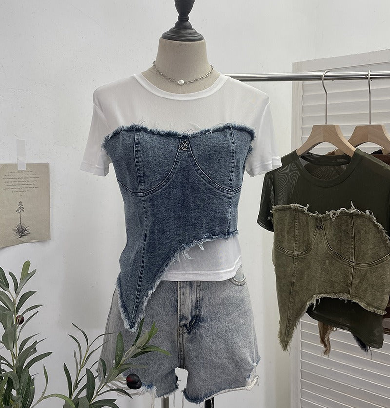 Pre Order:  Denim Patchwork Mesh Short Sleeved Irregular T-Shirt