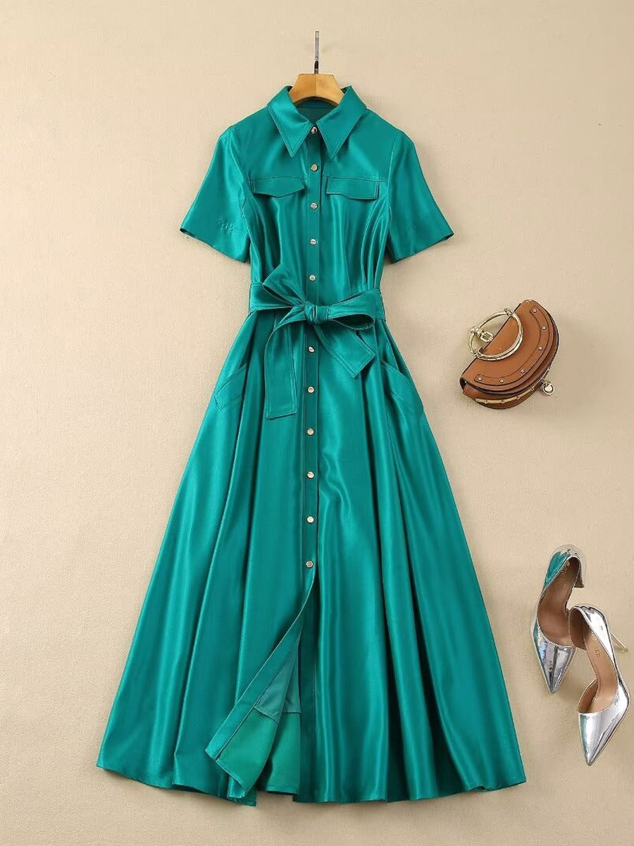 Pre Order:  Solid Single-Breasted Belt Mid-Waist Midi Dress