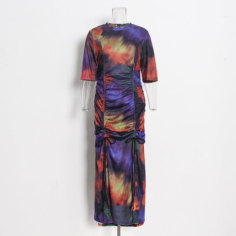 Pre Order: Tie Dye Round Neck Short Sleeved Hip Hugging Dress