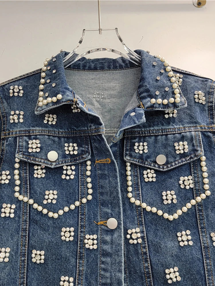 Pre Order:  Pearl Diamond Embroidered Long Sleeved Denim Jacket