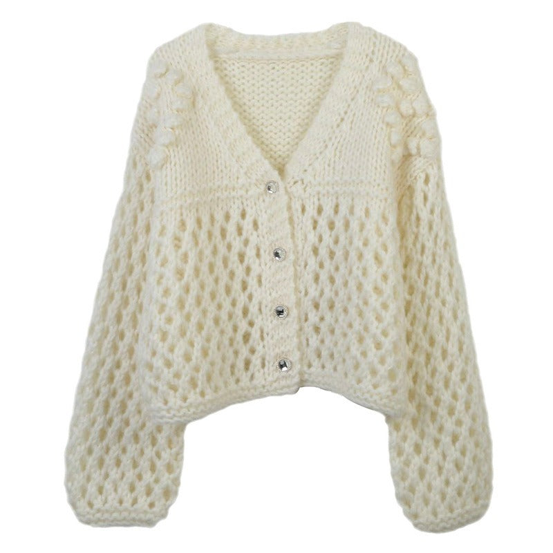 V-Neck Long Sleeve Hollow Out Loose Knitted Cardigan