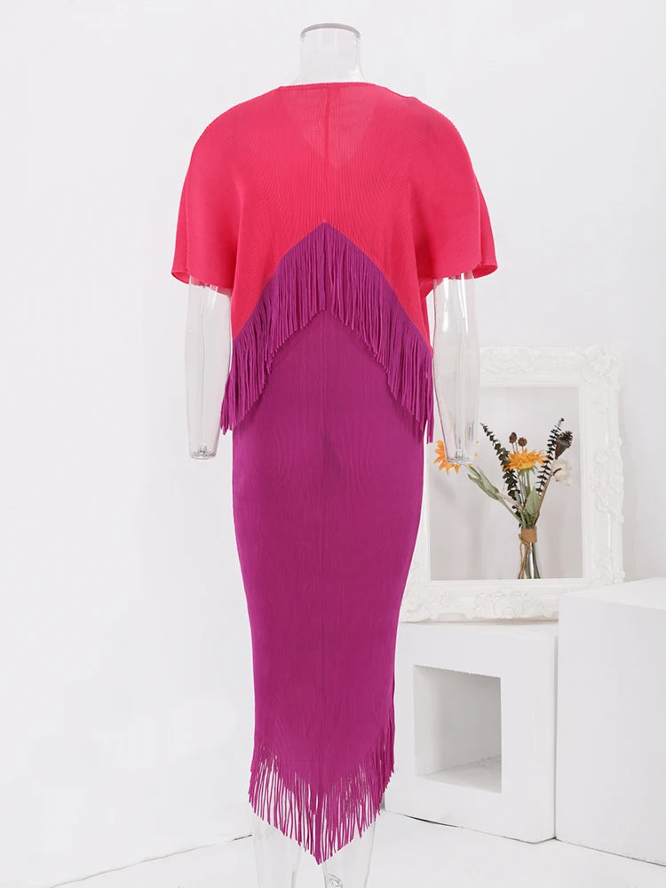 Pre Order:  Pleated Two-Tone Fringe Midi Dress