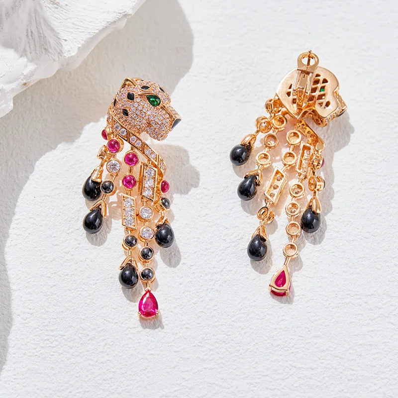 Pre Order:  Panther Rhinestone Tassel Dangle Earrings