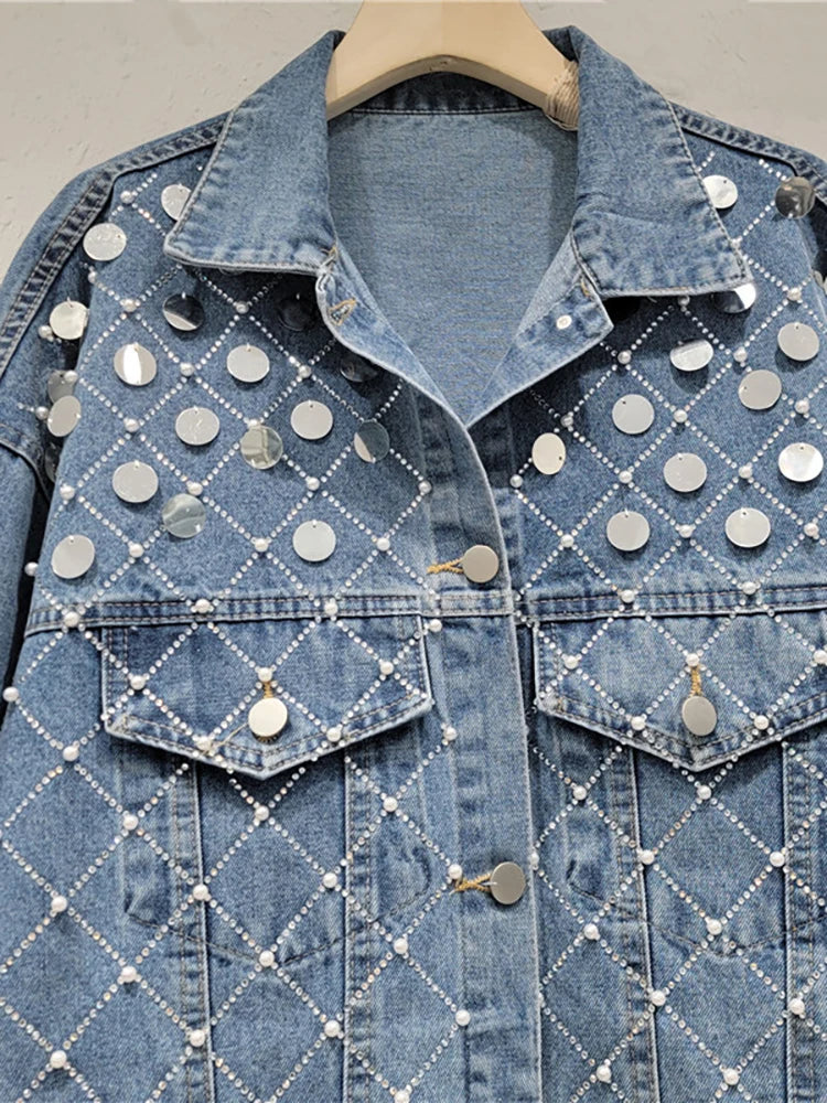 Pre Order:  Sequins Pearls Plaid Rhinestone Denim Jacket