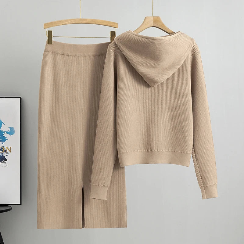 Pre Order:  Hooded Sweater+Skirt Knitted Set